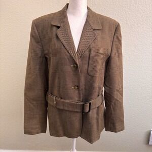 JH Collectibles Women's Belted Blazer Jacket Brown/Tan Plaid Size 8 100% Wool